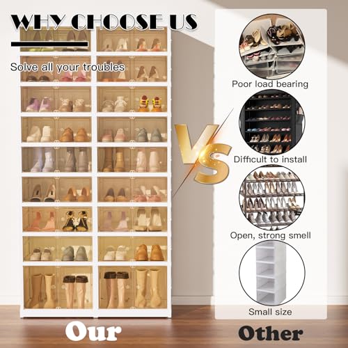 Image of 9-Tier Portable Shoe Rack Organizer for Closet, 36 Pairs Shoe Container Bins, Clear Plastic Collapsible Shoes Storage Box, Stackable Sneaker Storage Shoe Cabinet with Door