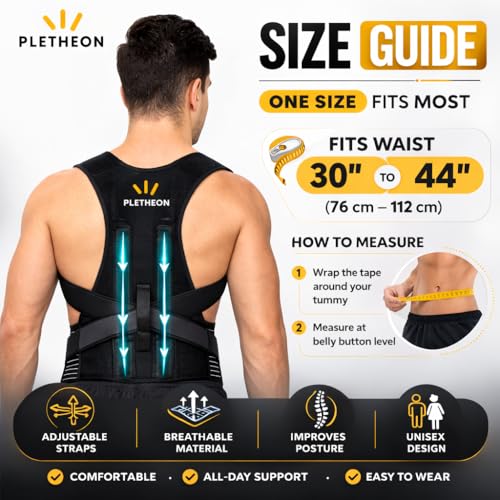 Image of Posture Corrector for Men & Women by Plethon - Adjustable Back Brace, Clavicle Support & Upper Back Straightener for Better Sitting and Standing Posture, Fits 30-46 Inch Waist (Black)