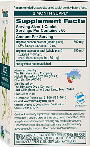 Himalaya Organic Bacopa Monnieri / Brahmi, Nootropic Brain Supplement Booster For Mental Sharpness, Focus, Memory, And Cognitive Wellness, 750 Mg, 60 Caplets, 4 Month Supply, 2 Pack #TOP1