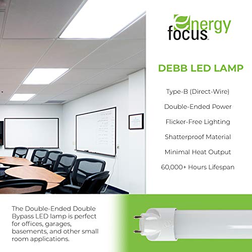 Energy Focus DEBB Series T8 LED Lamp, 3500K, 15W, 4ft, Frosted Lens, DirectWire, DoubleEnded