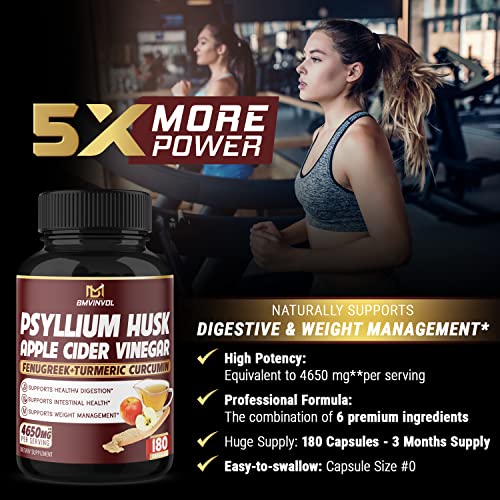 Bmvinvol Psyllium Husk Fiber Supplement 4650Mg - Apple Cider Vinegar, Fenugreek - Supports Weight Management And Digestive Regularity - 3 Months Supply #TOP5