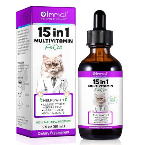 Cat Multivitamin, 15 in 1 Cat Multivitamin Liquid Drops, Cats Vitamins and Supplements with Glucosamine and Probiotics, Bones, Joint, Skin & Coat, Bladder, Immune System Support, 60ML