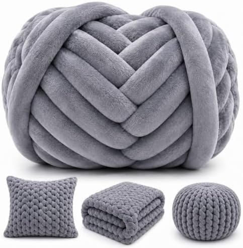 Timgle Chunky Yarn for Hand Knitting,2.2lb/30.6yard Extra Thick Velvet Chenille Tube Yarns for Blankets,Pet Beds- Machine Washable&No Joints Seamless,DIY Gift (Grey)