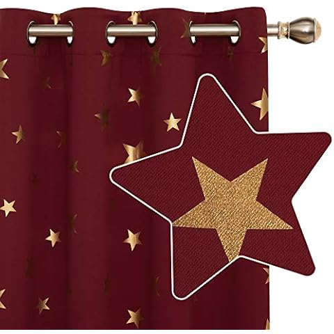 Deconovo Cortinas Opacas Estrellas Estampados Dorados Rojo Cover