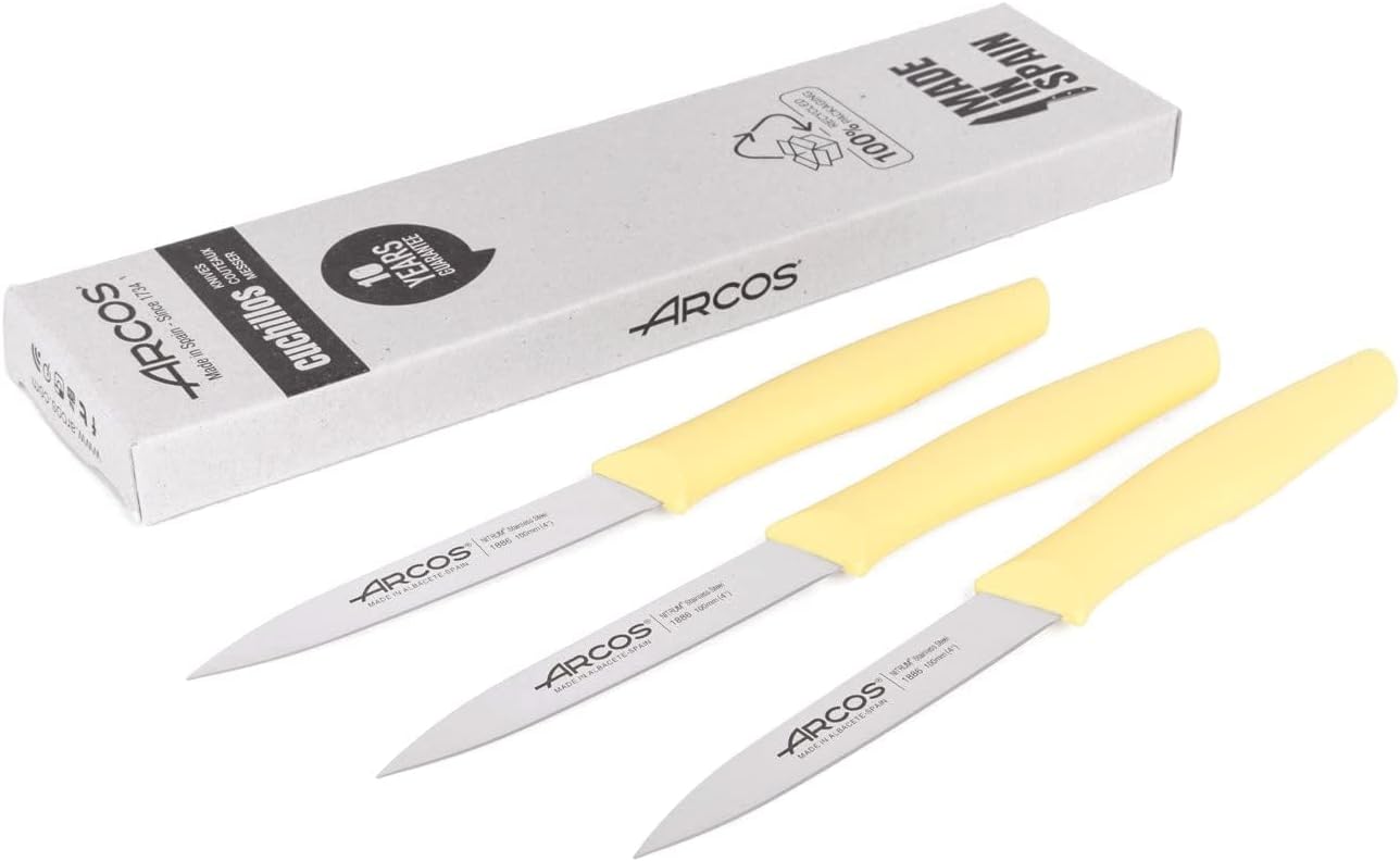 Arcos Paring Knife Set of 3 Pieces 4 Inch Stainless Steel. Colorful Kitchen Knives for Peeling Fruits and Vegetables. Ergonomic Polypropylene Handle. Series Nova. Yellow Color