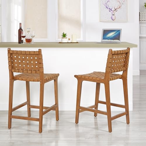 Butaco moderno de cuero sintético tejido y estructura de madera, altura de asiento 24 pulgadas, color marrón miniatura 6