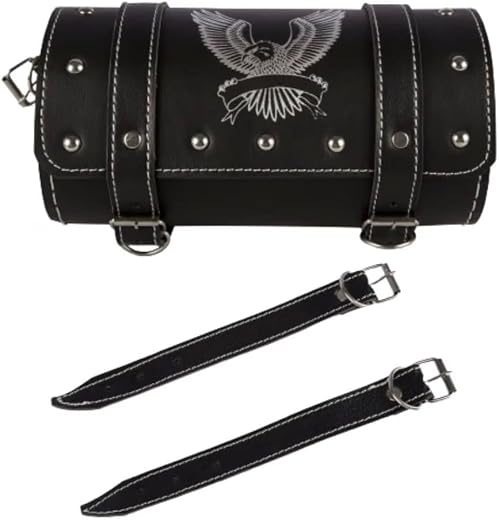 Gabachi International Motorcycle Saddle Bag, Faux Leather, Black, Round Barrel Style, Hawk Print, for Royal Enfield Bullet...