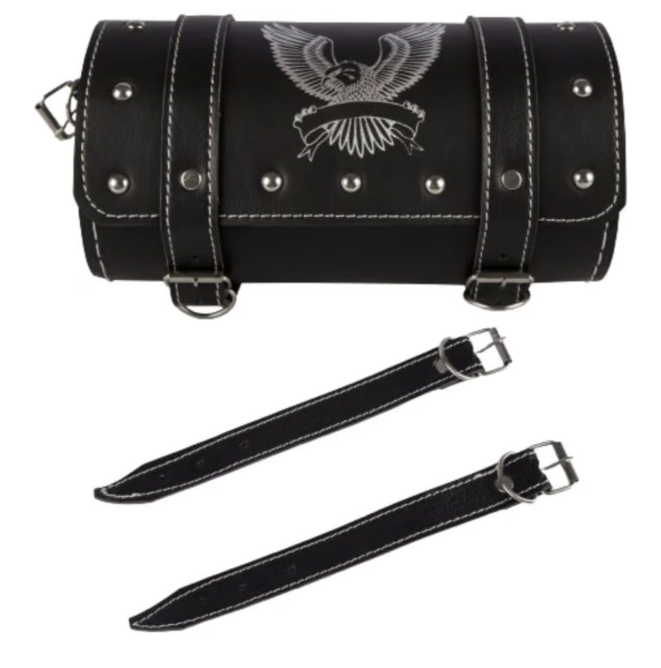 Gabachi International Motorcycle Saddle Bag, Faux Leather, Black, Round Barrel Style, Hawk Print, for Royal Enfield Bullet Bikes-image-4