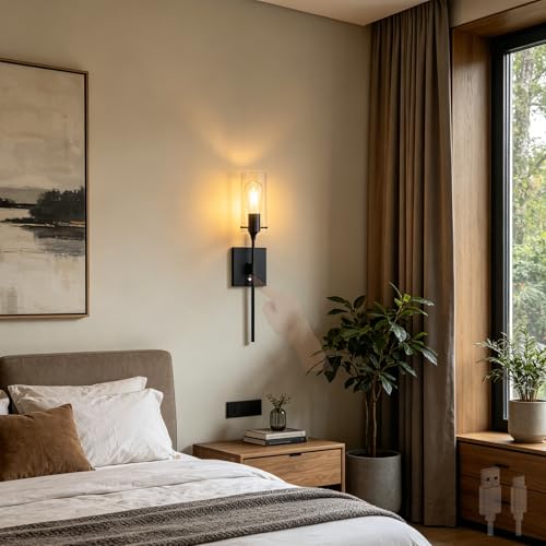 Luz de pared moderna de hierro negro y vidrio con interruptor táctil interior