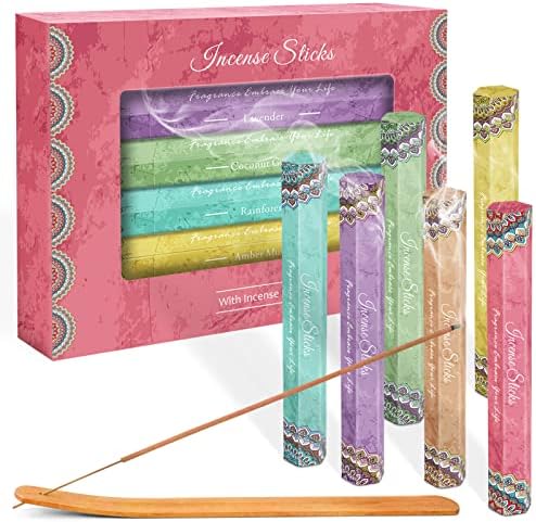 Incense Sticks, Scented Incense Sticks Gift Set, Valentines Day Gifts Variety Pack 120 Sticks with a Holder, Lavender, Vanilla, Rainforest, Coconut Grove, Amber, Sandalwood