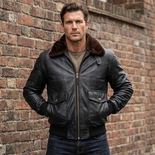 Image of Mens G-1 Fur Collar US Navy Flight Distressed Brown Aviator Genuine Leather Jacket