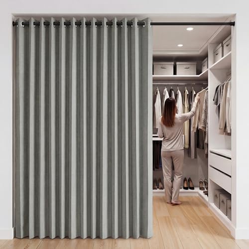 Image of RYB HOME Accordion Style Room Divider Curtain-100% Blackout Folding Accordion Curtain for Sliding Glass Door /Bedroom, Privacy Assurd Living Room /Office Drape 1 Panel with Tieback, W100 x L84, Grey