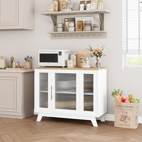 Image of 36 inch Sideboard Buffet Cabinet with Storage, Contemporary Farmhouse Kitchen Sideboard with Glass Doors & Adjustable Shelves for Dining Room & Living Room
