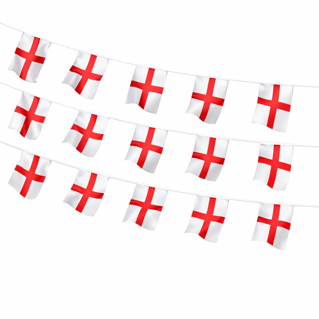 England Flag Bunting 20 St George's Cross Flags 14x21cm, 6m Durable British and UK Flags Set for Sports Events, Parties and Outdoor Decorations, Waterproof England Banner
