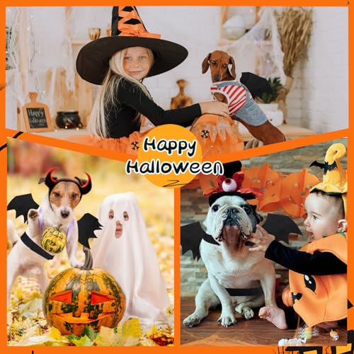 Binlava Halloween Kostüm Hund Fledermaus Flügel, Hundekostüm mit Kürbisglocke, Einstellbar Haustier Fledermaus Kostüm, Niedlich Haustier-Cosplay-Dekorationen für Kleiner Hunde Halloween-Party(M)