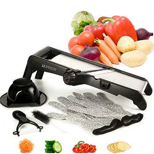 Adjustable Mandoline Slicer Stainless Steel Chip Slicer with Waffle French Fries Cutter for Slicing Tomato Potato Cabbage Fruits Vegetable Professional Safe Kitchen Grater with Gloves Guard and Peeler