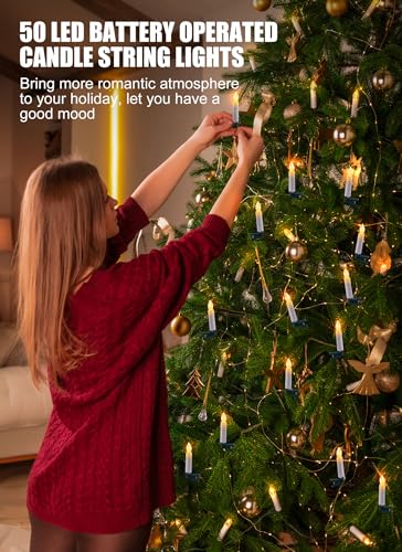 Image of Minetom Christmas Tree Candle String Lights Plug in, 50 LED Flameless Candle Lights with Clips, 48Feet Candle Twinkle Lights for Xmas Tree Festive Holiday Seasonal Celebration Decoration, Warm White