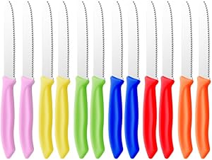 Steak Knives Set of 12, Stainless Steel Serrated Steak Knives, Multi-Color (Color-Coded) New Arc Groove Shank Round Head Steak Knife, Ideal for BBQ, Cutting Steak, Fruits & Vegetables