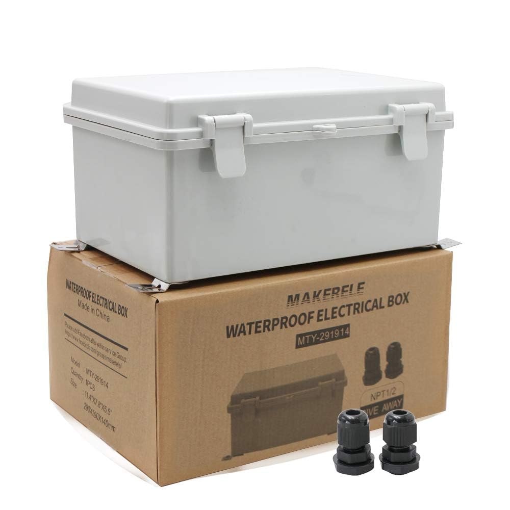 MAKERELE Impermeabile Elettronico FAI DA TE Progetti Box Cavo Esterno Con Staffa A Parete 11.4 "7.5" 5.5" (290190140mm) IP65 Esterno Scatola Elettrica In Plastica ABS Con 2 NPT 1/2" Ghiandole