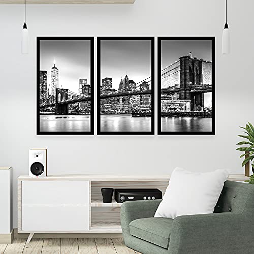 Kit 3 Quadros Decorativos Grandes com MOLDURA Preto e Branco Manhattan