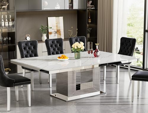 Image of 94.5 inch Rectangular Dining Table for 6 8 10, Modern White Extendable Kitchen Table, Large Long Dining Room Table with Mirrored Pedestal for Dining Kitchen Living Room