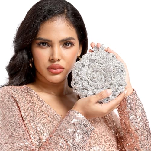 Image of Boutique De FGG Mini Round Flower Crystal Clutch Purses for Women,Formal Evening Bags,Rose Wedding Clutch Bag Party Handbags