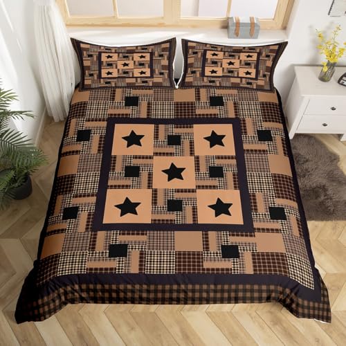 Star Print Bedding Duvet Cover Set Kids Western Theme Bedding Set Plaid Pattern Comforter Cover Set for Boys Room Decor Lightweight Rustic Cabin Country Bedspread Cover Twin Size With 1 Pillow Case