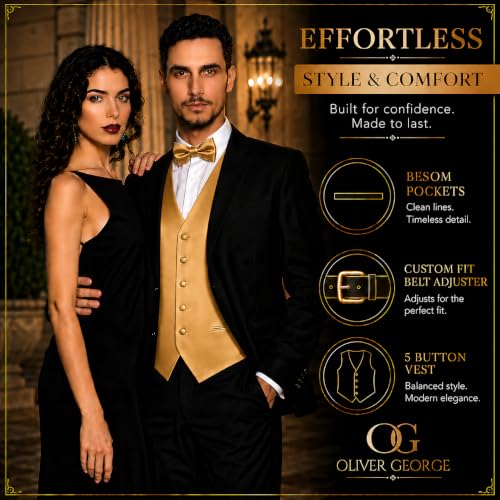 Image of Oliver George 4pc Men's Solid Formal Suit Waistcoat Tuxedo Dress Vest Necktie Bowtie Handkerchief Set for Suit or Tuxedo