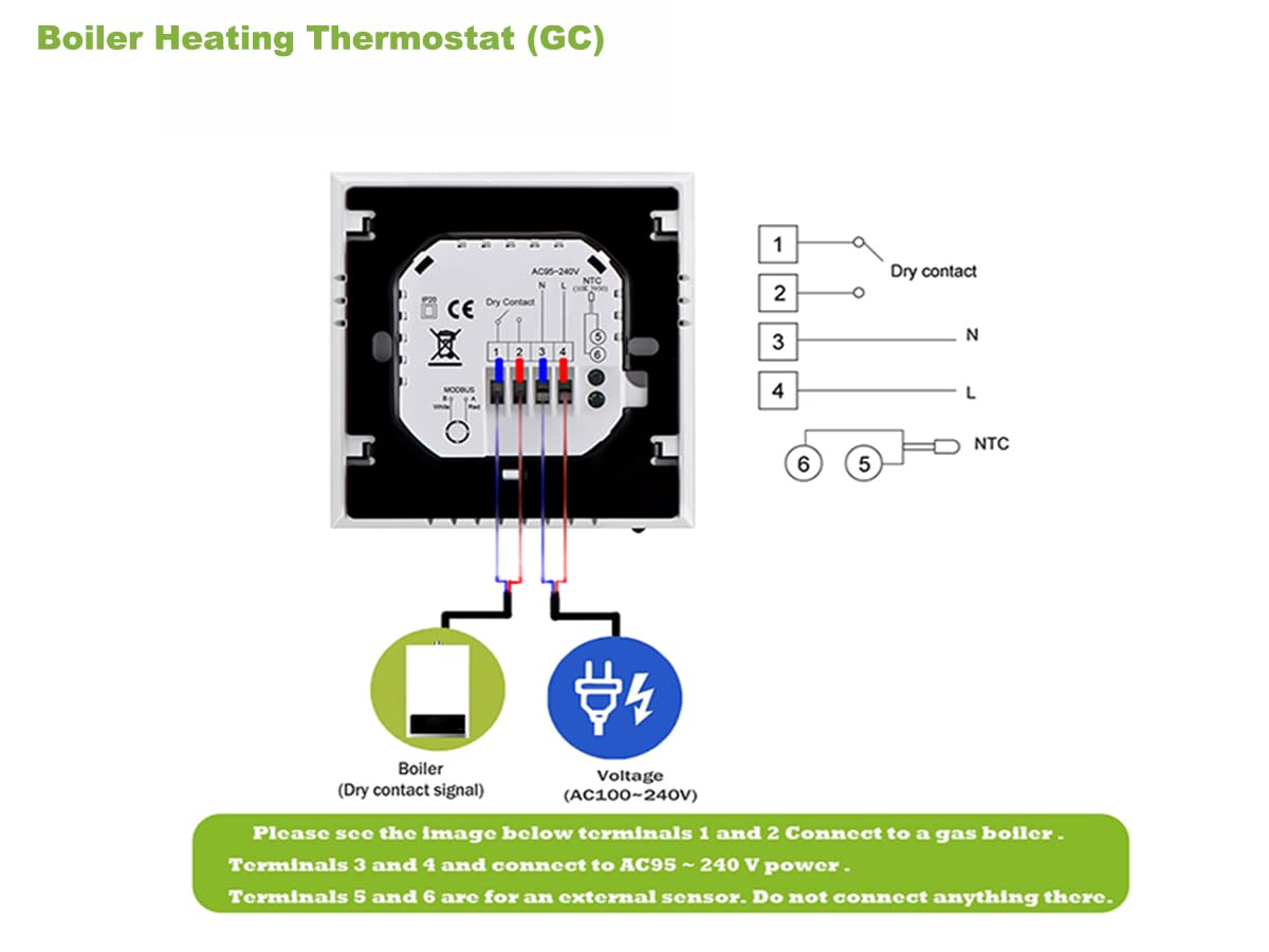 Matter Termostato Intelligente per Caldaia Gas/Acqua Individuale Riscaldamento funziona con Alexa Google Home Homekit Apple Home, Contatto Secco 5A 95~240V AC
