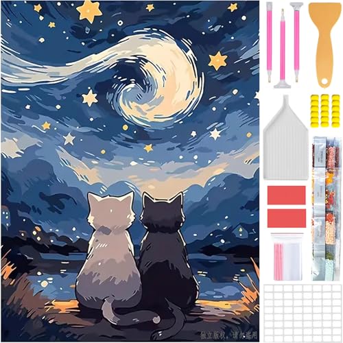 Amyaker ダイヤモンドアート キット 四角いビーズ ダイアモンドビーズ絵画キット 日本語キャンバス DIY 手作り絵画 手芸キット モザイクアート 5D モザイクアート ダイヤモンド塗装 全面貼り付けタイプ 30x40cm 星空 猫