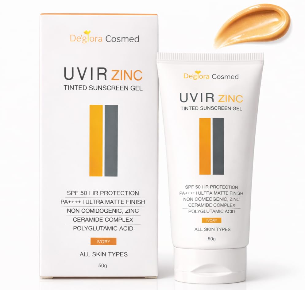 Image of UVIR Zinc Tinted Sunscreen Gel SPF 50 PA++++ | Broad Spectrum UVA UVB Protection | Ultra Matte Oil Control | Zinc Oxide Face Sunscreen for Oily & Acne-Prone Skin | No White Cast | Ivory Tint | 50 g
