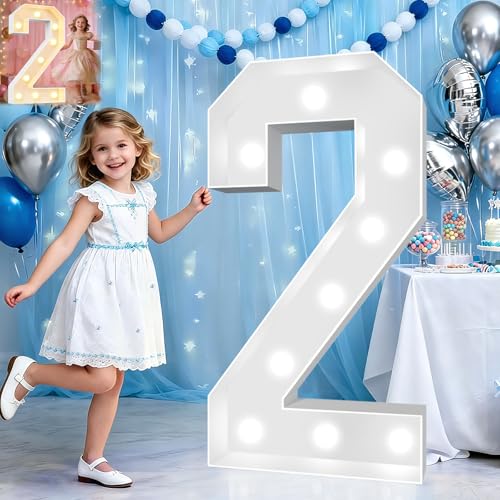 Image of Pooqla 3 FT Light Up Numbers 2 for 2nd 20th Birthday Decorations, Large Marquee Numbers with Cool White & Warm White LED Lights, Big Mosaic Sign for Anniversary Birthday Party Decorations