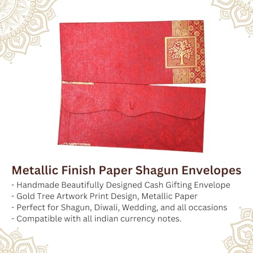 Image of Pack of 25, Rectangle Shape Metallic Paper Shagun Envelopes for Gifting Sagan Lifafa Wedding Occasion Cash Money, 18 X 8 cm, Red Color - Gold Tree Design