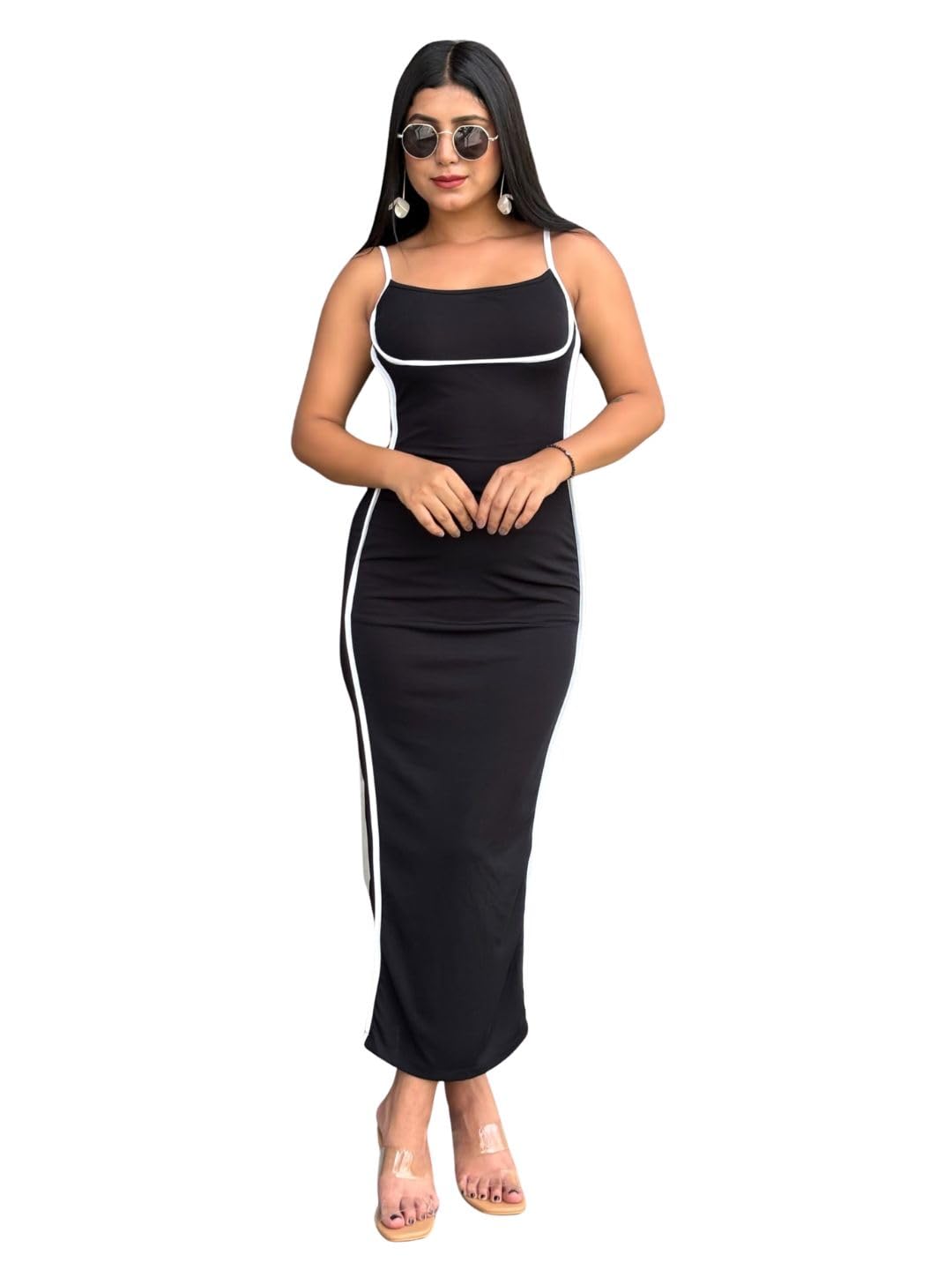 Women's Bodycon Black Cotton Blend Dress Shoulder Straps Dress for Womens Soft & Breathable & Comfortable Outfits for Office, Casual, Festive & Party (11206)-image-10