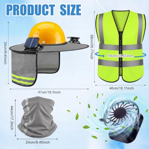 3 Pcs Hard Hat Sun Shade with Solar Fan Full Brim Hard Hat Visor with Neck Cover High Visibility Safety Reflective Vest Summer Cooling Accessories for Construction Outdoor Worker(Grey) — view 2
