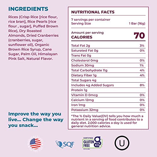 180 Snacks Skinny Rice Bars With Almonds, Cranberries And Himalayan Salt - Low Calorie Snacks, Only 70 Calories - Non Gmo, Dairy-Free, Gluten-Free Snacks - Ebt Eligible Snacks For Weight Loss - 7 Count #TOP3