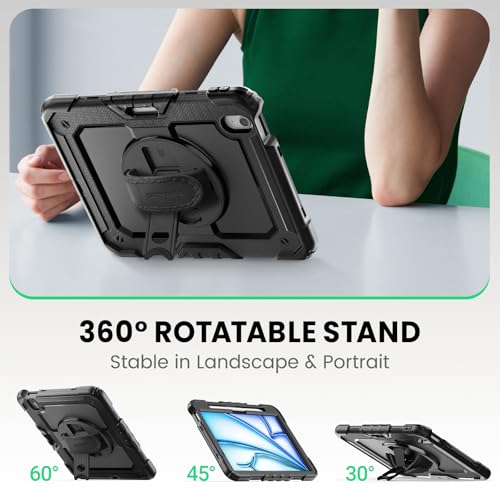 Image of SEYMAC Case for iPad Air 11 Inch M4 / M3 / M2 (2026 /2025 / 2024), Heavy Duty Shockproof Protective Case with Screen Protector, 360 Rotating Stand and Hand /Shoulder Strap, Black