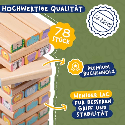 Nene Toys 4-in-1 Holz-Wackelturm – Familienspiel & Lernspiel aus Holz – Stapelspiel mit Bauklötzen, Karten & Würfel – Safari-Tierspiel für Kinder 3–9 Jahre