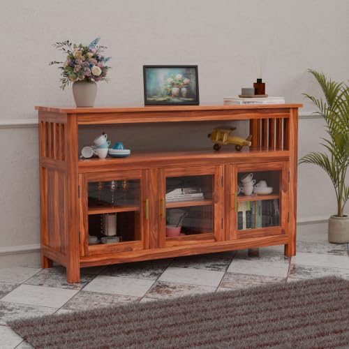 Image of Solid Sheesham Wood Sideboard for Living Room with Glass Doors | 3-Door Storage Unit & Open Display Shelf | Buffet Cabinet for Dining Room, Entryway & Hallway | Honey Finish | 140 x 40 x 82 cm