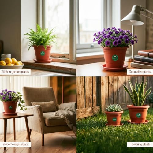 Image of TrustBasket Plastic Pots with Bottom Plates - 12 Pcs (14 inch) | Gamla for Plants with Saucer | Pots and planters with Tray | Garden pots & Bottom Plates