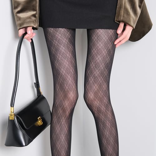 Image of Women's Sheer Tights Diamond Grid Pattern High Waist Control Pantyhose Stretchable Retro See Through Stockings