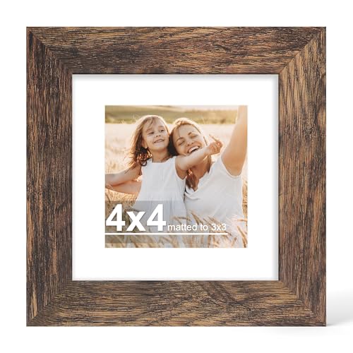Hongkee 4x4 Picture Frame with Glass Display Pictures 3x3 with Mat or 4 x 4 without Mat - Wall and Tabletop 4 by 4 Photo Wooden Frames (Rustic Brown 1 Pack)