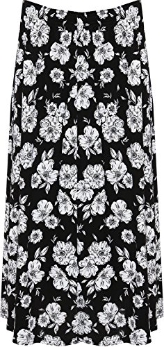 Photo de WearAll Femmes Plus Floral Midi Jupe Dames Élastiquée Taille Imprimer Étendue Longueue - Noir Blanc - 56-58