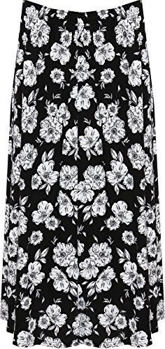 WEARALL Womens Plus Floral Midi Skirt Ladies Elasticated Waist Print Stretch Long - Black White - 20-22