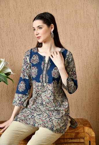 Image of Amazon Brand - Tavasya Women Floral Printed Round Neck Kurta | Everyday Ethnic Wear | 3 /4th Sleeve Top