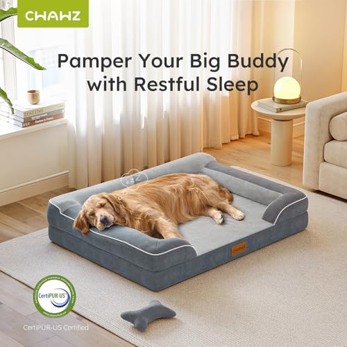 Image of CWAWZ Jumbo Dog Bed for Extra Large Dogs, Orthopedic Dog Bed with Cooling Gel Memory Foam, Waterproof Dog Bed with Removable Washable Cover, 45 inch Dog Sofa Couch Dutch Velvet with Bone Toy, Dark Gray