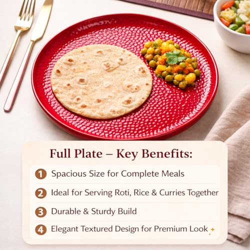Image of MARKET 99 Melamine Dinner Plates Set of 6 Red Hammered Design | Round Serving Plates for Kitchen Dining Tableware | Lightweight Durable Food Plates for Daily Use, Party Serving, & Buffet