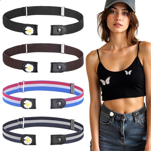4Pcs No Buckle Belt Women, Daisy Elastic Belts Adjustable Invisible Buckleless Bands for Jeans Casual Pants Waistband