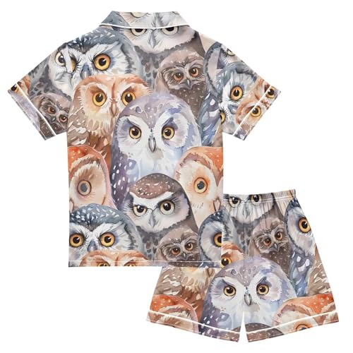 ALAZA Watercolor Animal Owlet Owl Pajamas Satin Pajama Set Short Sleeve Button Down Sleepwear2
