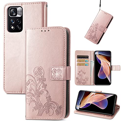 JIUNINE Coque pour Redmi Note 11S 5G / Poco M4 Pro 5G, Antichoc Housse étui en Cuir PU Flip Case Portefeuille à Rabat avec Motif en Relief [Porte Carte] [Magnétique] pour Poco M4 Pro 5G, Or Rose Cover